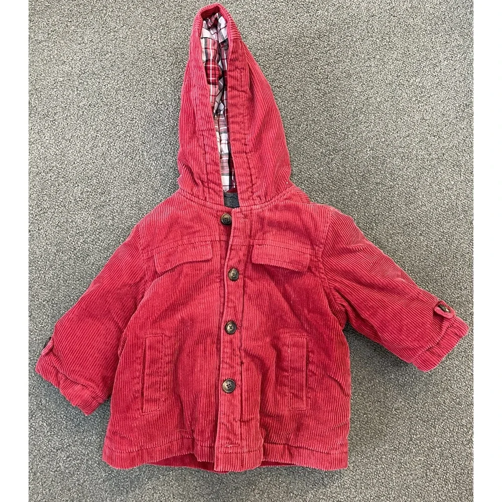 Janie And Jacket Sz 6-12 Mos Red Corduroy‎ Hooded  SI7